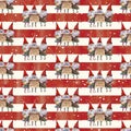 Watercolor hand drawn Christmas seamless pattern with singing Christmas Carol dwarfs on red-white striped background