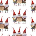 Watercolor hand drawn Christmas seamless pattern with singing Christmas Carol dwarfs on white background