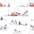 Watercolor hand drawn Christmas seamless pattern. Winter foggy landscapes, scandinavian village. Snow, red houses, trees