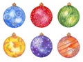 Watercolor hand drawn Christmas set with colored balls isolated on white background.