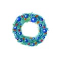 Watercolor hand drawn christmas wreath in blue color with decor isolated on white background. Royalty Free Stock Photo