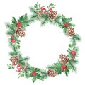 Watercolor hand drawn Christmas wreath. Floral frame with Pine cone and branches, Holly plant with red berries Royalty Free Stock Photo