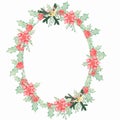 Watercolor hand drawn Christmas wreath of poinsettia plant, berries,leaves, coniferous branch, candies and christmas bell