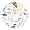 Watercolor hand drawn circle composition, colorful illustration of sea underwater plants, jellyfish, fish, seaweeds