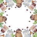 Watercolor hand drawn circle frame wreath with coffee bags, leaves, beans, cinnamon spice, jars. Isolated on white