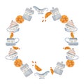 Watercolor hand drawn circle frame wreath with coffee cups, jars, creamer, orange slices, juice drops. Isolated on white