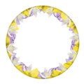 Watercolor hand drawn circle wreath with spring flowers, daffodils, crocus, snowdrops, leaves. Isolated on white