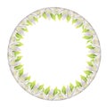 Watercolor hand drawn circle wreath with spring flowers, daffodils, crocus, snowdrops, leaves. Isolated on white