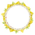 Watercolor hand drawn circle wreath with spring flowers, daffodils, crocus, snowdrops, leaves. Isolated on white