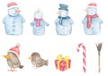 Watercolor hand drawn Clipart with a cute Snowman in the hats, birds, gift boxe and candy