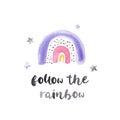 Watercolor hand-drawn color childish simple illustratoin for kids with cute rainbows and lettering in Scandinavian style
