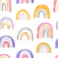 Watercolor hand-drawn color seamless childish simple pattern for kids with cute rainbows in Scandinavian style on a