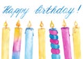Watercolor hand drawn colorful birthday candles with flame set with hand writing lettering isolated on white background Royalty Free Stock Photo