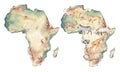 Watercolor hand drawn colorful illustration of map of the continent of Africa, savannah african animals isolated on Royalty Free Stock Photo