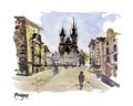 Watercolor hand drawn colorful illustration of Prague city view. Royalty Free Stock Photo