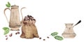 Watercolor hand drawn composition with coffee copper pot, cezve, jute bag beans leaves cinnamon sticks. Isolated on