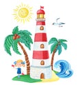 Watercolor hand drawn composition with girl, sea wave, striped Lighthouse, palm trees, Seagull. Royalty Free Stock Photo