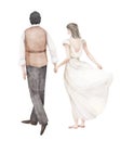 Watercolor hand drawn composition with illustration of wedding couple holding hands isolated on white background. Bride Royalty Free Stock Photo