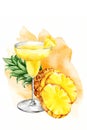 watercolor hand drawn composition with pineapple with half and slices ripe pineapple and cocktail glass, sketch of