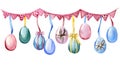 Watercolor hand drawn composition of pink garland with colorful Easter eggs hanging on ribbons. Element isolated on white