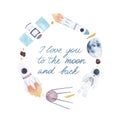 Watercolor hand drawn composition with spacecraft, stars, moon, cosmonaut and `I love you to the moon and back` hand lettering Royalty Free Stock Photo