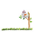 Watercolor hand drawn countryside postbox with meadow grass and a sleeping bird, isolated on white background. Design