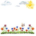 Watercolor hand drawn countryside with sun, flowers, clouds and a bird, isolated on white background. Design for cards