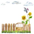 Watercolor hand drawn countryside with sunflowers, wooden fence, clouds and a bird, isolated on white background. Design Royalty Free Stock Photo