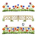 Watercolor hand drawn countryside wooden fence with grass, flowers and a bird, isolated on white background. Design Royalty Free Stock Photo