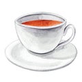 Watercolor hand drawn cup of black tea with saucer illustration isolated on white background. Royalty Free Stock Photo