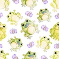 Watercolor hand-drawn cute frogs with butterflies seamless pattern