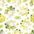 Watercolor hand-drawn cute frogs with leaves seamless pattern