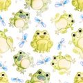 watercolor hand-drawn cute frogs with seamless dragonfly pattern