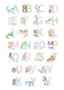 Watercolor hand drawn cute latin animal alphabet. Baby animals with ABC symbols isolated on white background. Can be