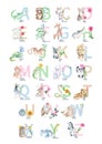 Watercolor hand drawn cute latin animal and floral alphabet. Baby animals with flowers and ABC symbols isolated on white