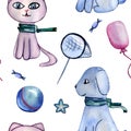 Watercolor hand drawn cute seamless pattern on a childrenÃ¢â¬â¢s theme. Pattern is in tender blue and pink colors, it includes