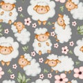 watercolor hand drawn cute sheep with flowers and leaves seamless pattern