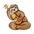 Watercolor hand drawn cute sloth with ukulele guitar isolated on white background