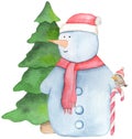 Watercolor hand drawn cute Snowman in the hat, bird, red candy and Christmas tree Royalty Free Stock Photo