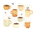 Watercolor Hand Drawn Cute Vintage Tea Coffee, Milk Set With Illustration Of Vintage Ceramic Cup, Mug, Bumblebee, Tea