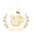Watercolor hand drawn cute vintage tea illustration with vintage ceramic cup, mug, tea bag, decorative branch, yellow Royalty Free Stock Photo