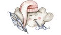 Watercolor hand drawn cute white sleeping clouds in cartoon style. Illustration for baby on a white background. Perfect for Royalty Free Stock Photo