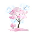 Watercolor hand drawn design illustration of pink cherry sakura tree in bloom blossom flowers, sky, birds, fallen petals Royalty Free Stock Photo