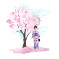 Watercolor hand drawn design illustration of pink cherry sakura tree in bloom blossom flowers, woman geisha in kimono Royalty Free Stock Photo
