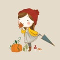 Watercolor doodle cute young girl in autumn season vector illustration Royalty Free Stock Photo