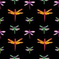 Watercolor hand drawn dragonflys in line in seamless pattern