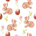 Watercolor hand drawn easter brown bunny and chocolate eggs and flowers seamless pattern on white background