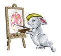 Watercolor Hand Drawn Easter Bunny Painter Drawing An Easter Egg Royalty Free Stock Photo