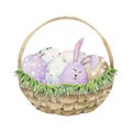 Watercolor hand drawn Easter celebration clipart. Basket with painted eggs, grass, bunnies, pastel color. Isolated on