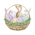 Watercolor hand drawn Easter celebration clipart. Basket with painted eggs, grass, bunnies, pastel color. Isolated on